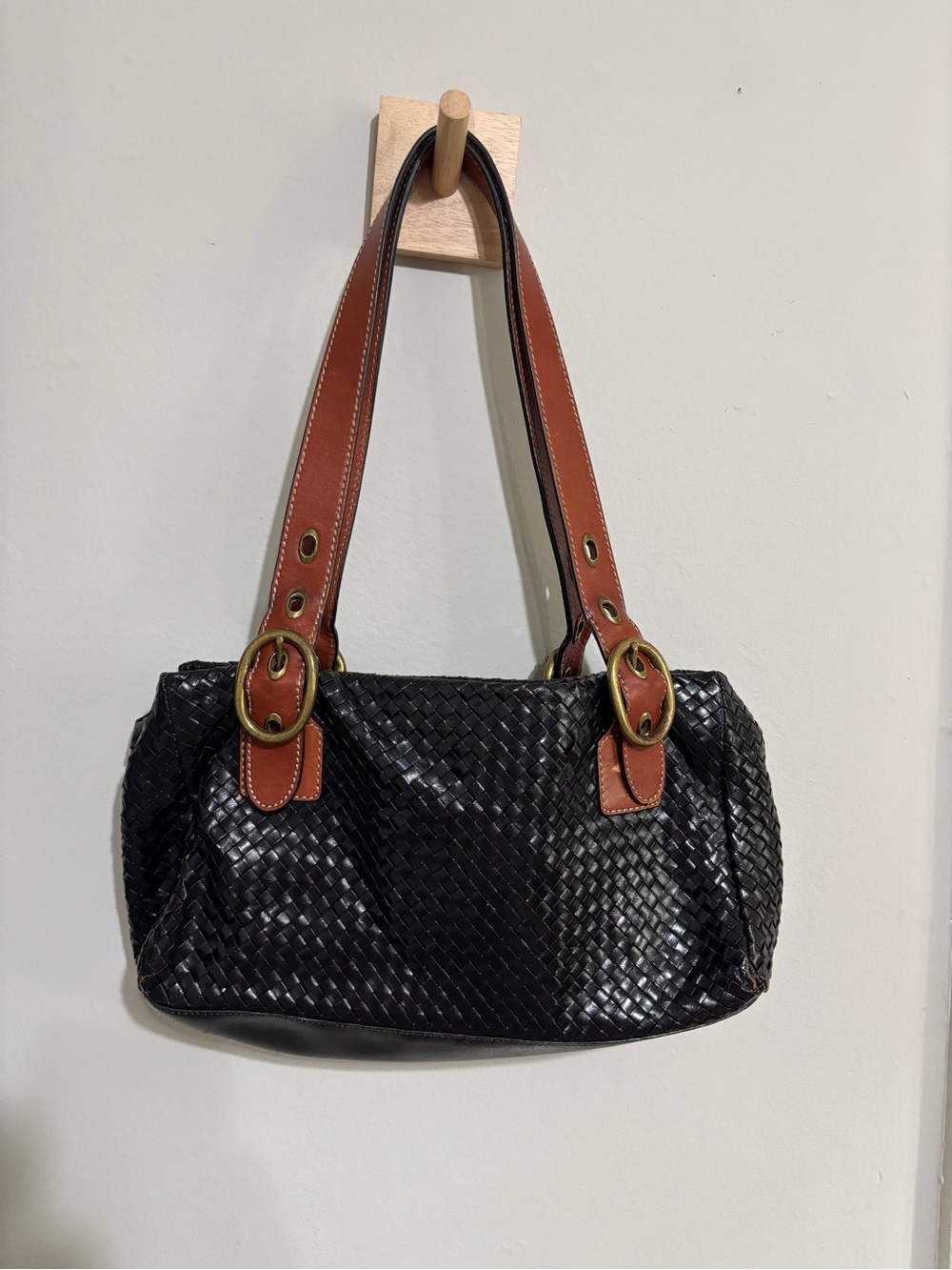 Fossil Black Braided Shoulder Bag Brown Buckle Strap